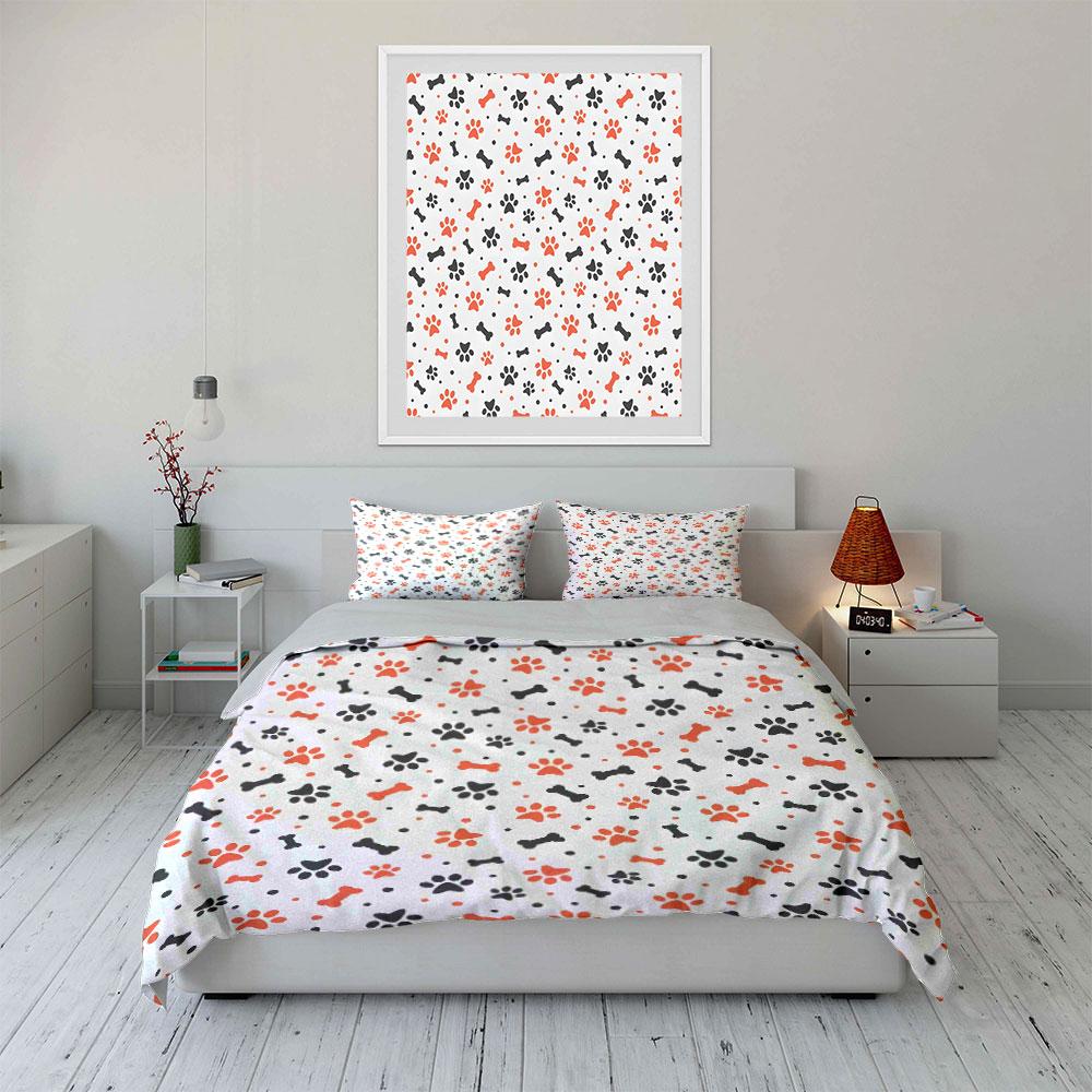 Pet Paw and Bone Print Pattern Bedding Duvet Cover Set (1*Duvet Cover 2*Pillowcases, without duvet insert)