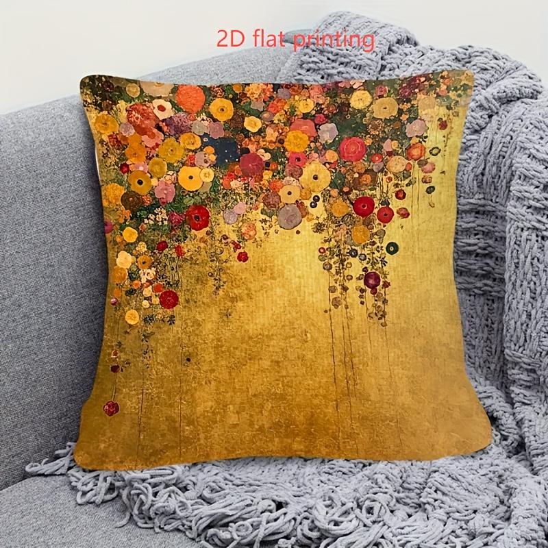 Gustav Klimt Style Floral Pillow Cover Golden Art Print Boho Vintage Cushion Case For Sofa Bed Couch Elegant Artistic Home Decor