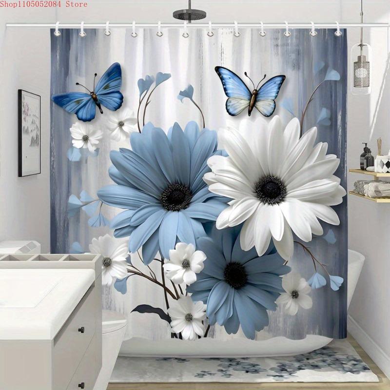 1pc blue white daisies butterflies shower curtain polyester- With Hooks Waterproof Mildew Proof Easy Install Washable