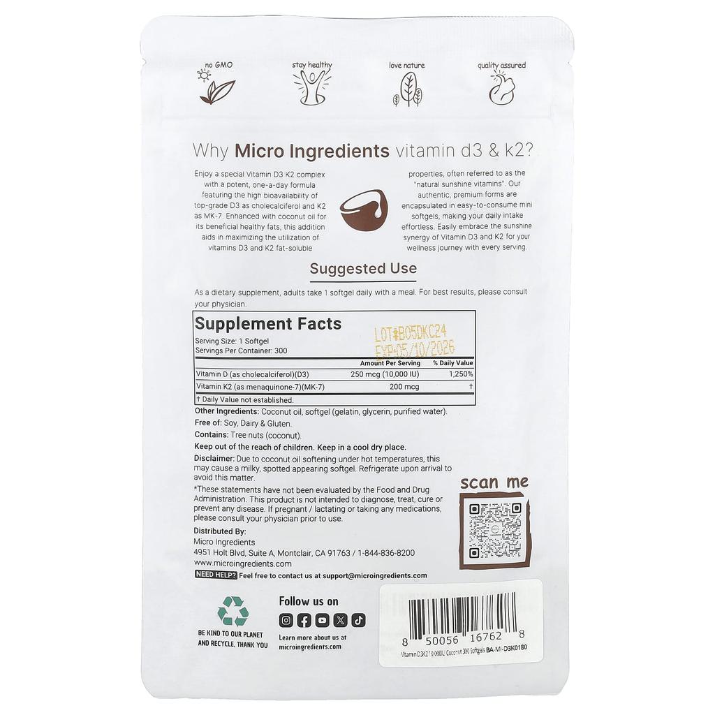 Micro Ingredients Витамин D3 и K2, 300 мягких капсул