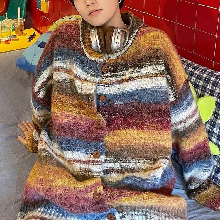 Осень 2023 года мужской ретро-полосатый вязаный кардиган-свитер