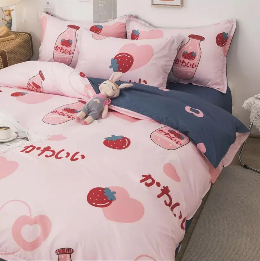 Flower Bedding Set Duvet Cover + Flat Sheet +2pc Pillowcase Double Bed Linens Twin Queen King Full Size Skin Friendly Kids B89