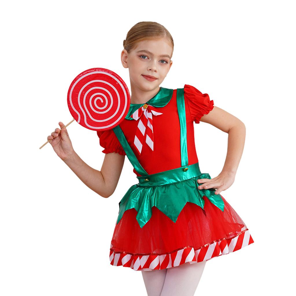Girls Christmas Tutu Dress Puff Sleeve Hollow Back Bow Stripes Design Suspender Jumpsuit Dance Leotard