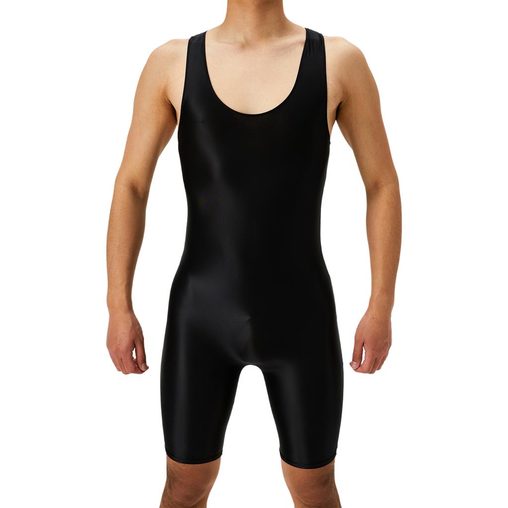Mens Oil Shiny Wrestling Singlet Scoop Neck Boxer Bottom One Piece Bodysuit Romper for Athletic Sports Competition Gym Training