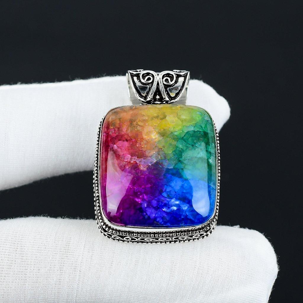 Серебряный кулон с натуральным радужным камнем квараза солор из серебра 925 пробы — дизайн сердца ручной работы, повседневные украшения, уникальные подарки-кулоны