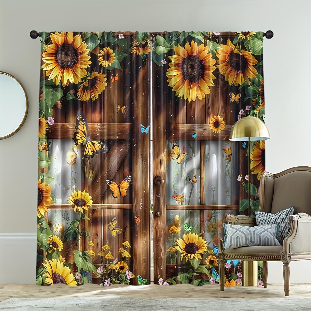 Vintage Sunflower Butterfly Curtain Panels,Countryside Wooden Barn Flower Pattern Drapes for Kitchen Balcony Interior Decoration