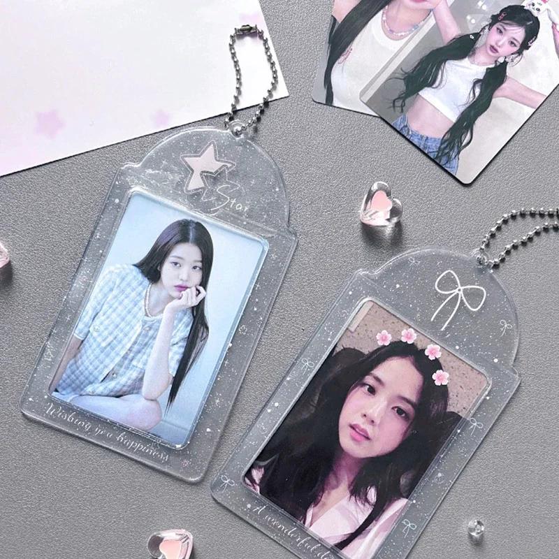 Прозрачный держатель для фотокарточек с блестящими сердечками Kpop Карточка для еды Карточка для автобуса Защитный чехол для фотокарточки Подвеска 1 шт.