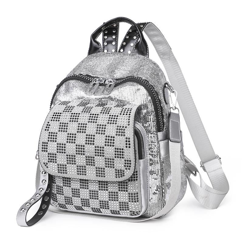 Women's Backpack Chessboard Rhinestone Bag Outdoor Leather Backpack