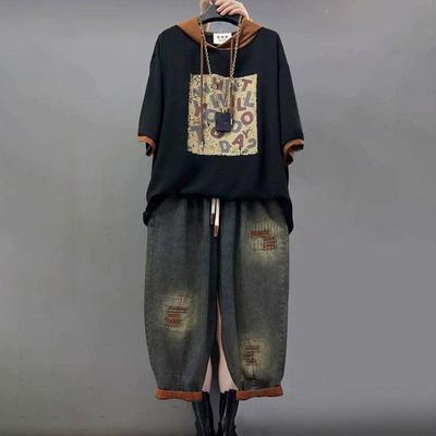 Костюм большого размера, повседневный, индивидуальный, модный, с капюшоном, свободный, с принтом, с короткими рукавами, с девятью точками, из двух частей