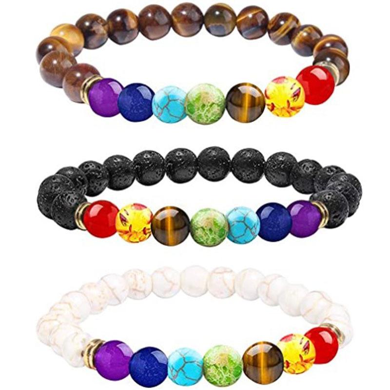 Natural Stone Beads Multicolor Bangle 7 Chakra Healing Balance Beads Bracelet for Women Reiki Prayer Yoga Wristband