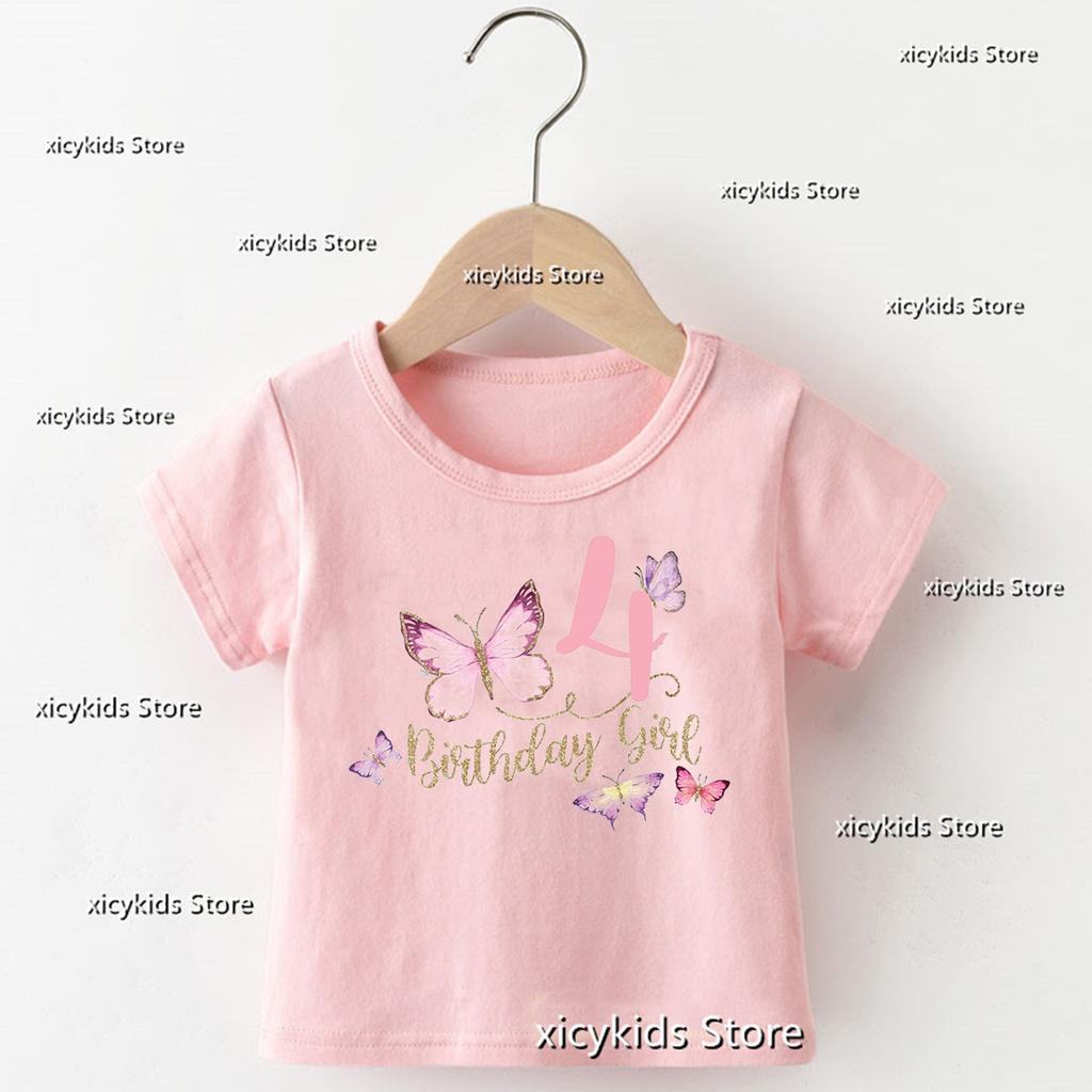 Kawaii Girls TShirt Funny Birthday Numbers 110 Yeas Old Butterfly Print Tshirt Kids Birthday Party Clothing Cute Girls Clothes
