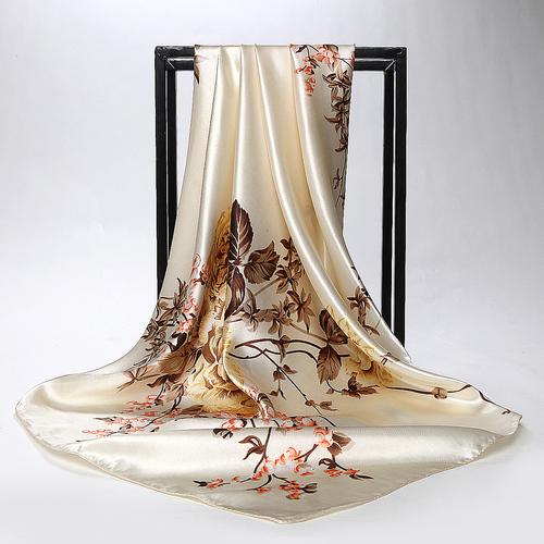 Silk Satin Hijab Scarf For Women Leaves Print Shawl Bag Scarf 90*90cm Square Shawls and Wraps Neck Scarves