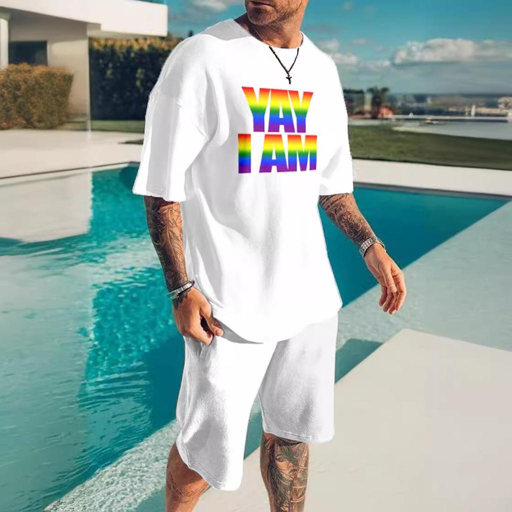 Мужская летняя уличная одежда с принтом радужной лошади и букв 3D, футболка с коротким рукавом и шорты, комплект из 2 предметов, повседневный спортивный костюм, мужская одежда