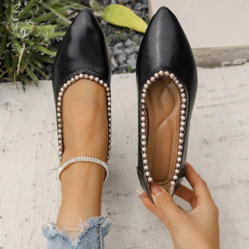 Горячая Распродажа, модные женские туфли с бисером и острым носком, неглубокие балетки, дышащие женские мокасины, повседневные, универсальные, удобные, большого размера