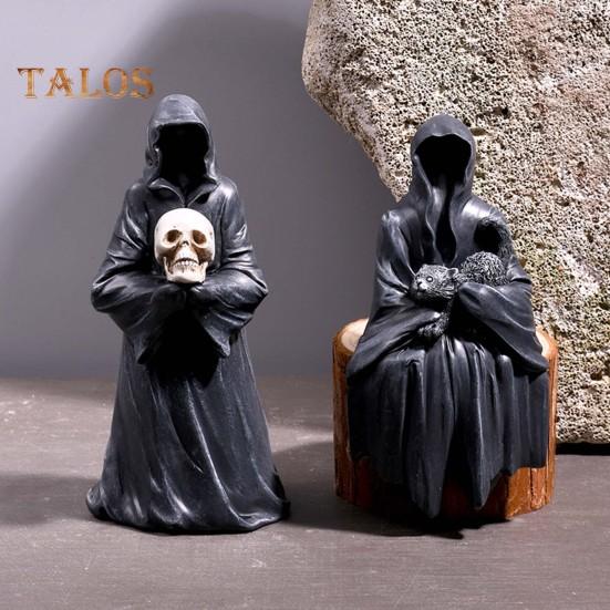 Halloween Grim Reaper Figurine Spooky Black Robe Death Ghost Resin Statue Sculpture Indoor Home Office Desktop Decoration Ornament Festival Gift