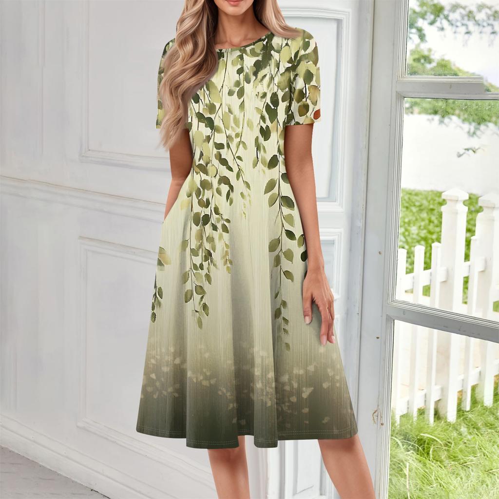 Женское повседневное модное платье миди с круглым вырезом и коротким рукавом с принтом