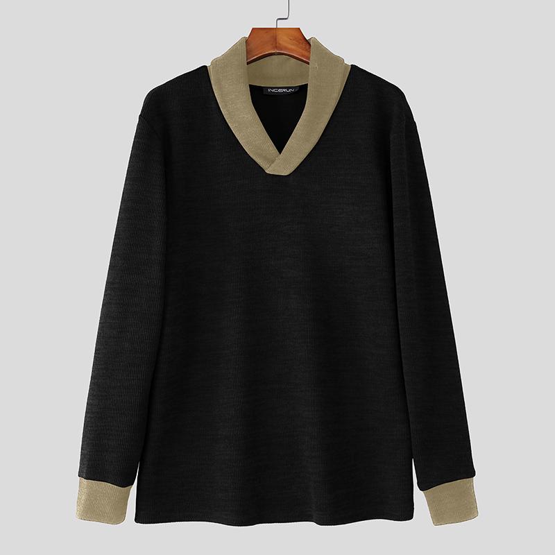 INCERUN Spring Autumn Men Long Sleeve Stitching Casual Loose Knitted Pullovers Tops
