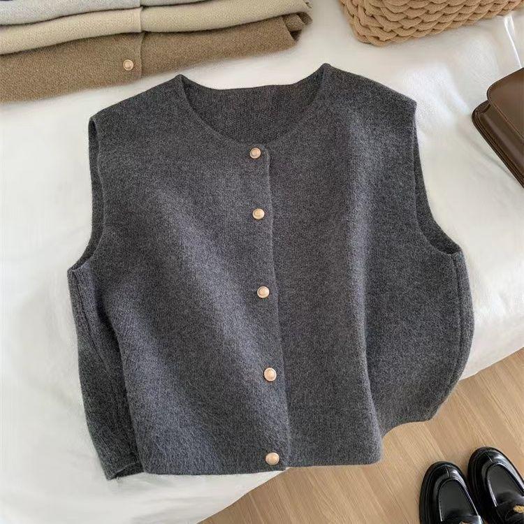 Korean Style Round Neck Gold Button Knitted Sleeveless Cardigan for Women