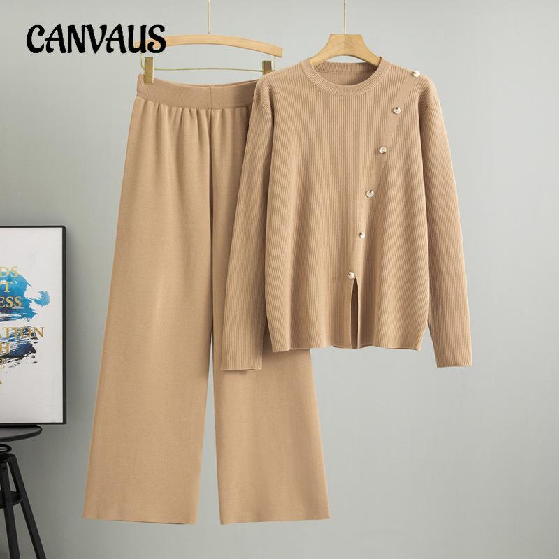 Plus Size Women's Spring New Fashion Knit Retro Casual Wide Leg Pants Two Piece Set