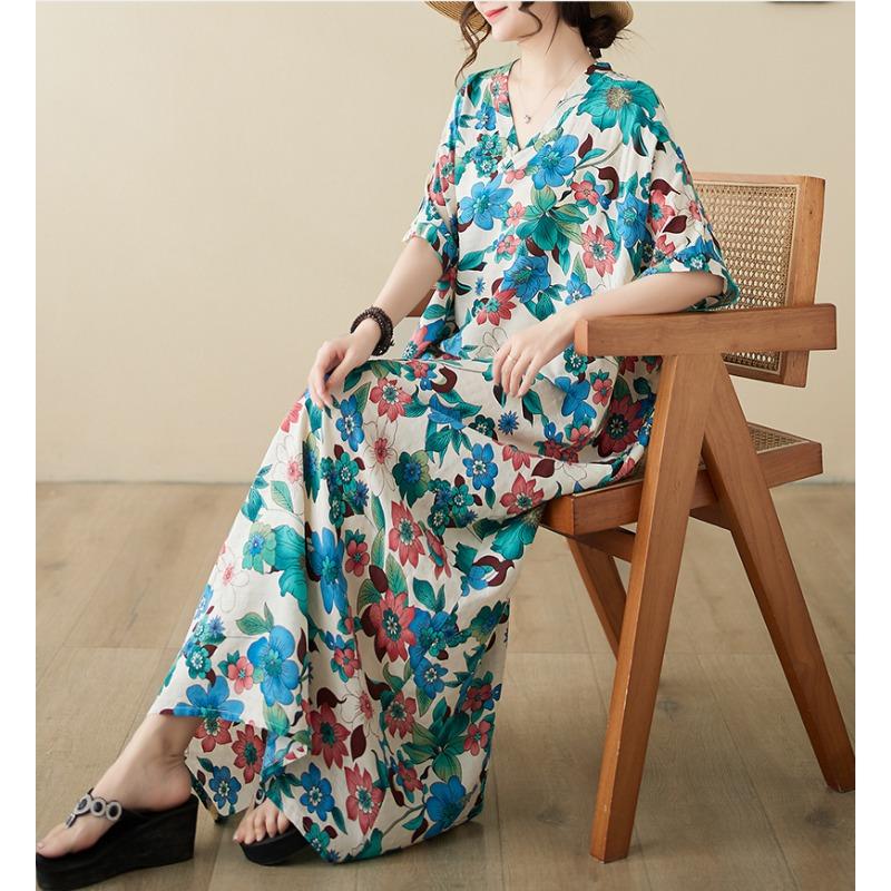 DIMANAF Women 2024 Plus Size Spring Summer Oversize Style Dress Beach Elegant Floral Long Dress Oversize Basic Loose Dress Plus Size