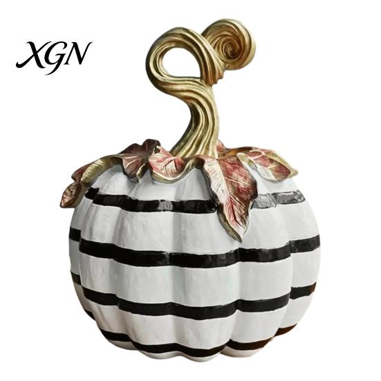 Hand Painted Retro Style Decor Black And White Striped Pumpkin Ornament, Resin Three Dimensional Sculpture Tabletop Centerpiece, Halloween Ornament