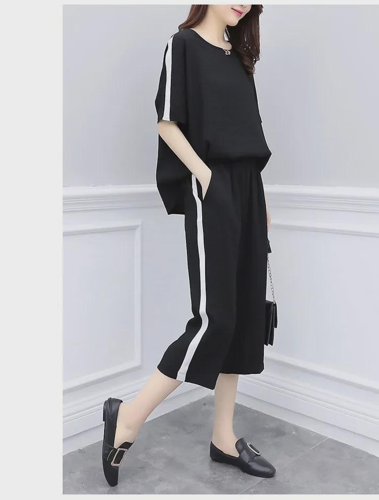 Корейский женский повседневный костюм-двойка больших размеров - Летняя коллекция, свободный крой, короткие рукава с укороченными брюками