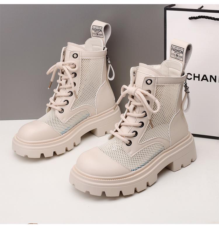 2025 Женские ботинки Мартин в британском стиле из сетки и кожи - Дышащие, на толстой подошве, перфорированные, короткие ботинки для лета