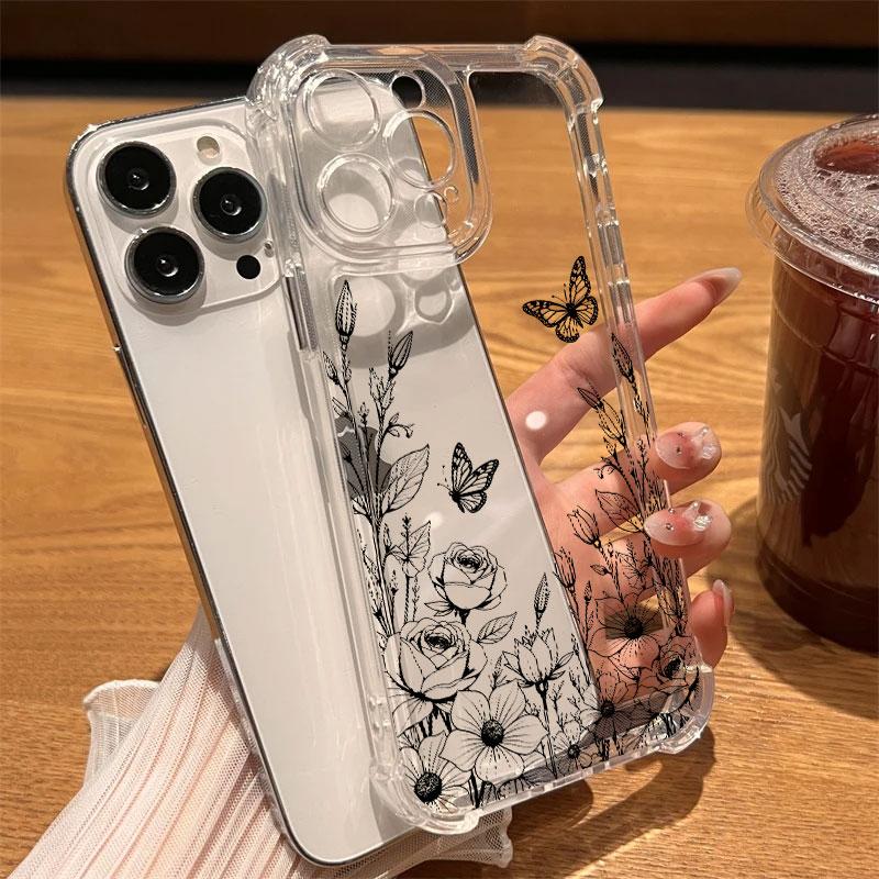 Leaf Flower Butterfly Line Art Phone Case Clear For iPhone 17 16 14 15 11 12 13 Pro Max 16E 15 Plus 17 Air Soft Shockproof Cover