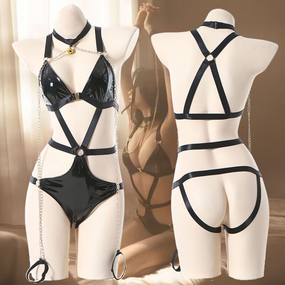 Сексуальное эмалевое белье для бондажа, колготки в сетку, набор с цепями, косплей королевы, кожаные блестящие экстремально черные чулки для фиксации [MONEON] женский из 3 предметов