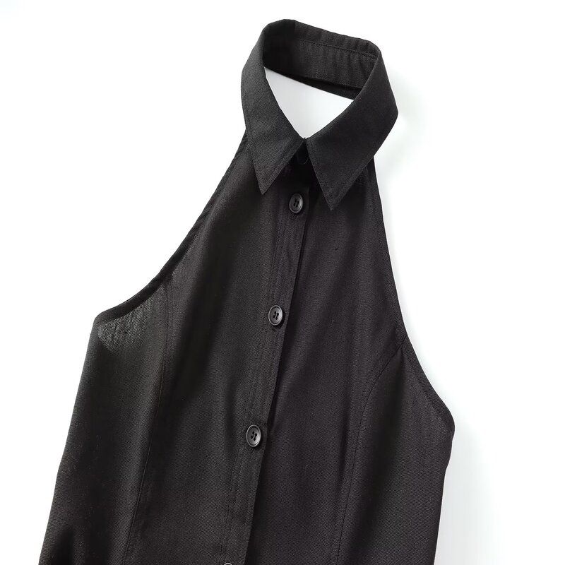 Fashion Style 2024 Summer New Women's Clothing Buckle Decoration Linen Blended Hanging Collar Tops 8001709