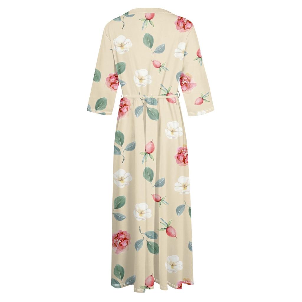Women's Fashion Vintage Floral Print Lapel Button Three Quarter Sleeves Strappy Dress