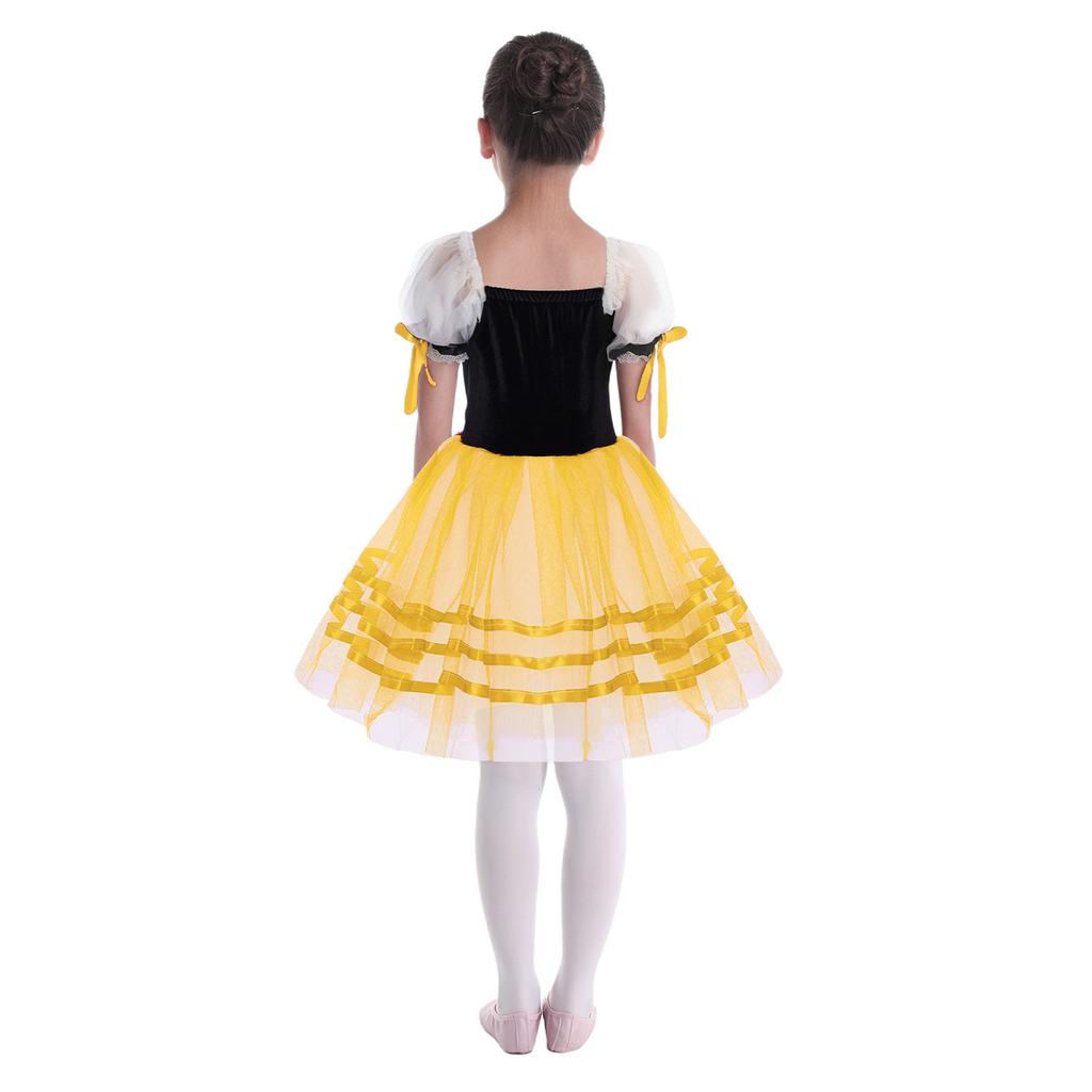 Girls Puff Sleeve Layered Tutu Dress Lace Trim Velvet Bodice Lace Up Back Ballet Costume