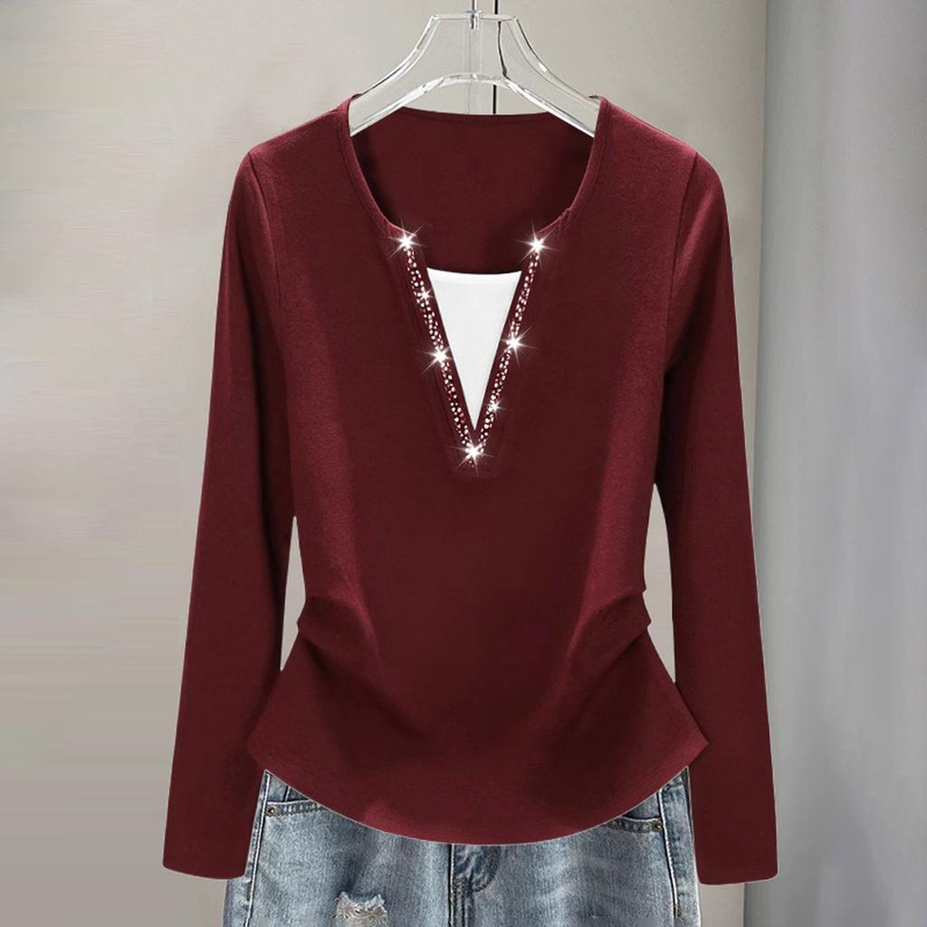 Ladies' Casual Fashion Fake Two-piece Long Sleeved Base Shirt With Rhinestone Hot Stamping T-shirt Plus Size Top