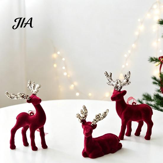 Elegant Holiday Home Decor Christmas Flocking Elk Statue, Red Plush Reindeer Ornament, Cute Seated Soft Animal Figurines Standing Deer Sculpture