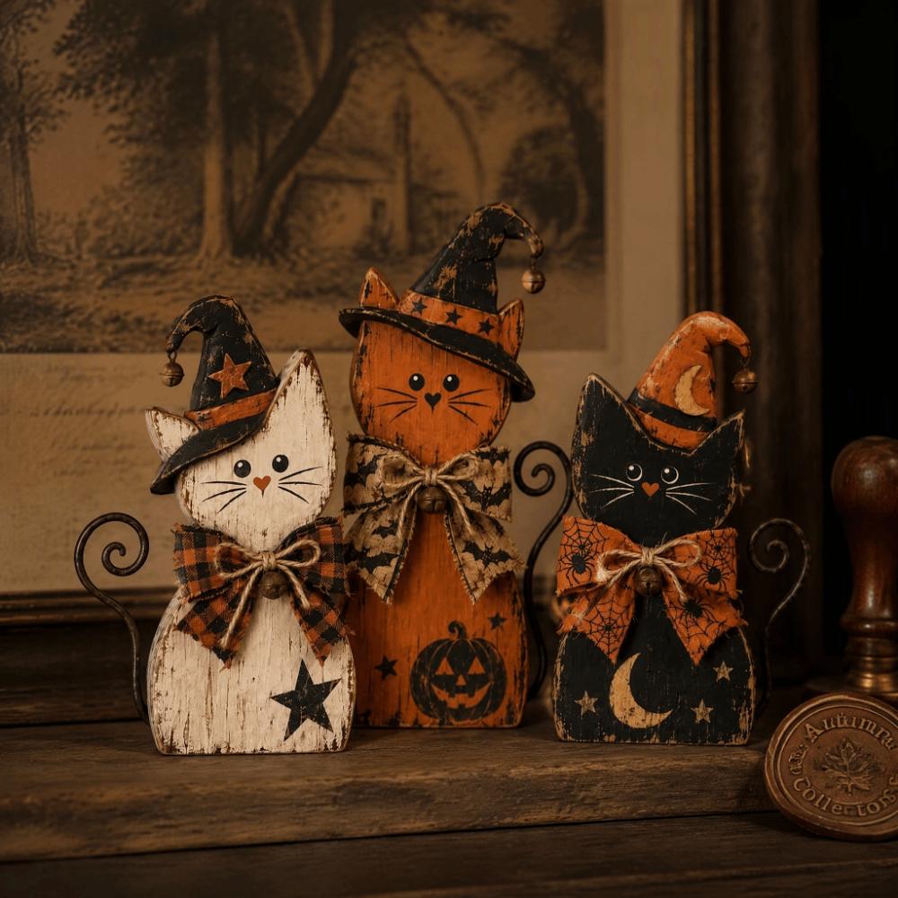 Double Side Witch Cat Decor Vintage Desktop Decoration Halloween Figurine Set Home Decor
