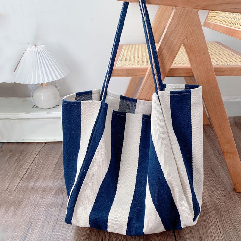 Вместительная холщовая сумка с ручкой сверху, женская летняя полосатая простая повседневная дамская сумочка, уличная сумка через плечо