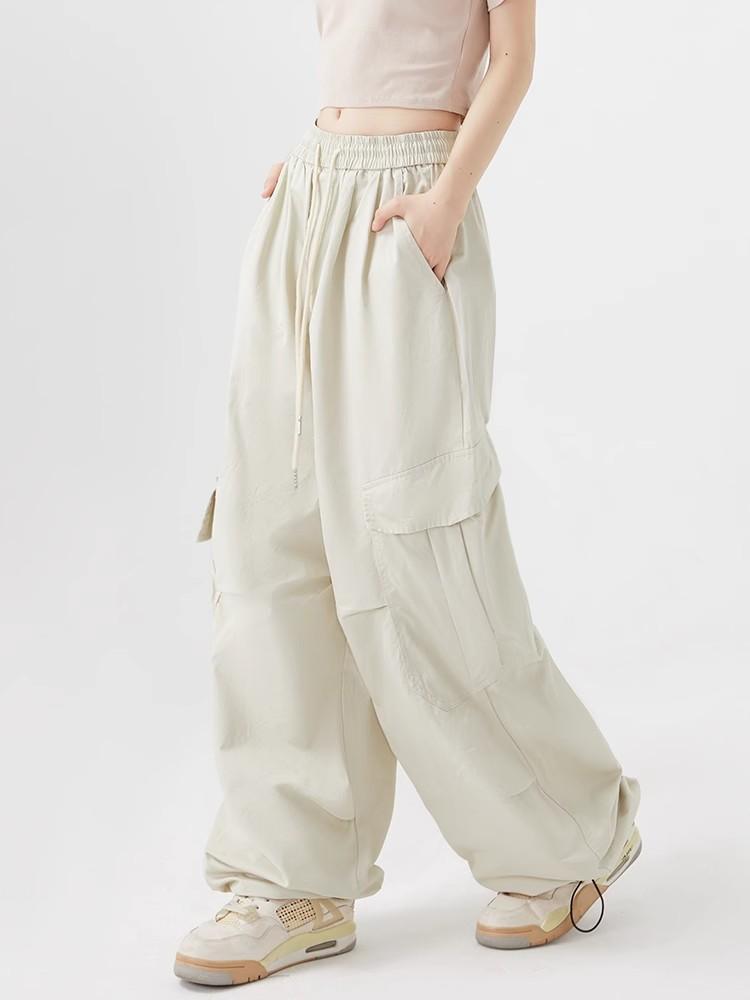 Women Big Pockets Cargo Pants Y2k High Elastic Waist Drawstring Baggy Trousers Vintage Casual Loose Wide Leg Straight Pants