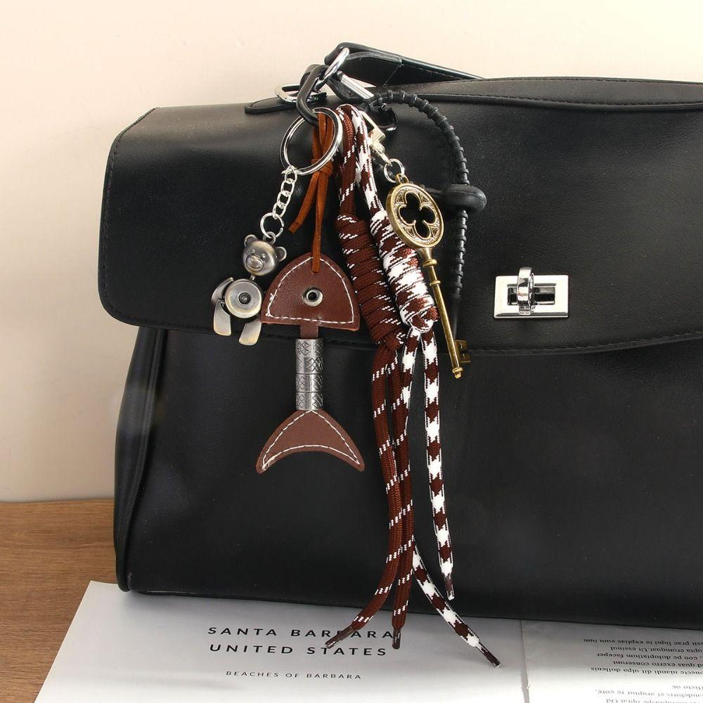 Bag Hanging Vintage Bear Key Pendant PU Leather Woven Ropes Keyring Girls Couple Girlfriends