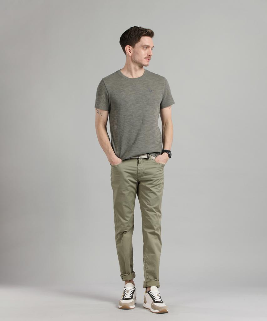 PANICALE Khaki Slim Fit Dyed Cotton Pants
