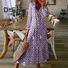 Women Dress Tassel Decor Printed Ruffle A Line Loose Hem Mid Waist Long Sleeve V Neck Soft Ankle Length Bohemian Style Beach Maxi Dress