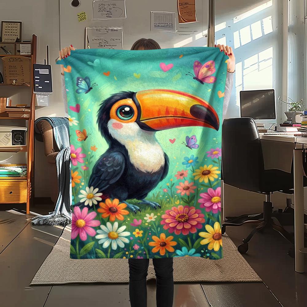 1PC Cute Toucan Art Print FlAannel Blanket, High quality Comfortable for All Seasons, Home Decor, Warmth and Comfort