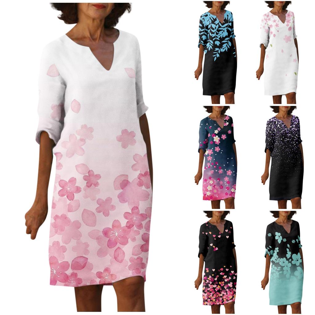 Women's Summer Casual Vintage Floral Leaf Print V-neck Half-sleeve Dress