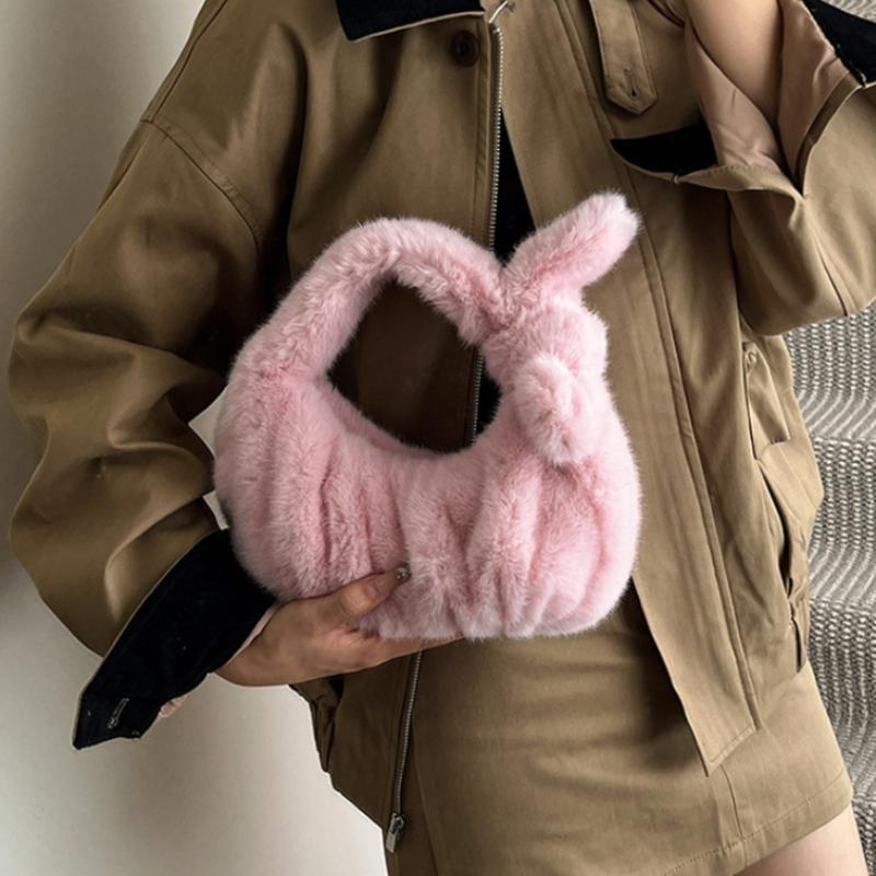 Women's Luxury Plush Clutch Cute Bow-shaped Handbag Headphone Coin Purse Fashion Faux Fur Solid Color Soft Pleated Cloud Bag