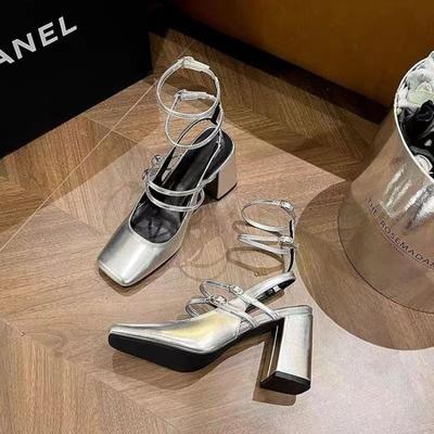 Летние новые босоножки Baotou на толстом каблуке с квадратным носком и неглубокой горловиной, с пряжкой в одно слово, с тонким ремнем, противоскользящие, износостойкие, высокие каблуки