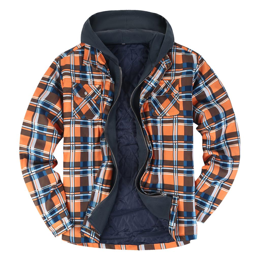 Men's Quilted Lined Button Down Plaid Shirt Add Velvet To Keep Warm Jacket With Hood