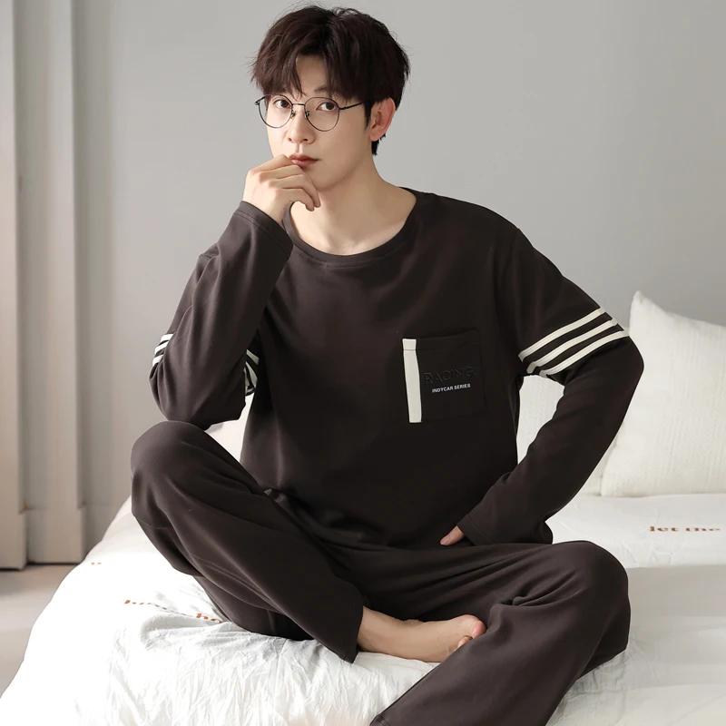 2-Piece Spring and Fall Men's Cotton Pajamas Set Boys Soft Long-Sleeved Sleep Rest Home Party Pajamas Men's Casual Homewear