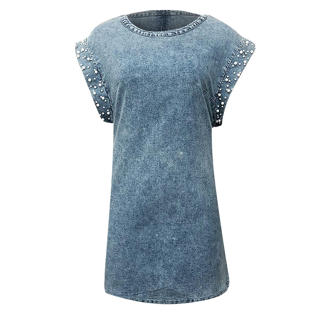 Women Casual Summer Sexy Round Neck Short Sleeve Slimming Loose Denim Dress