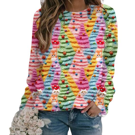 Christmas Sweatshirt Women 3D Xmas Tree House Print Crew Neck Long Sleeve Tops Lightweight Holiday Pullover Tops