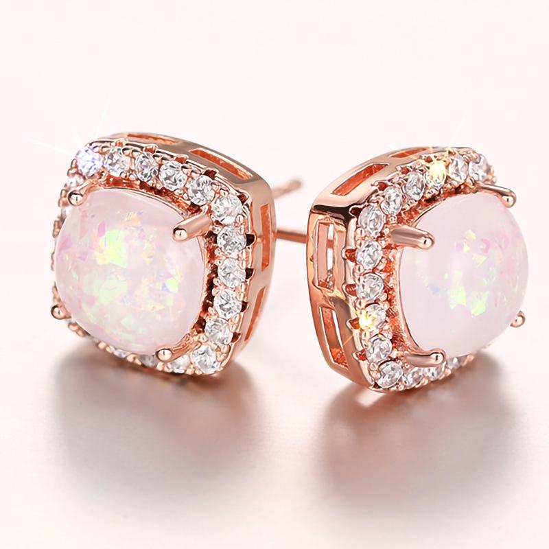 New Design Geometric Shaped Round Opal Silver/Rose Gold Plated Earrings for Fashion Party CZ Stud Earring for Women