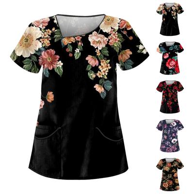 Женская повседневная рабочая одежда с короткими рукавами и принтом, топ с двойным карманом